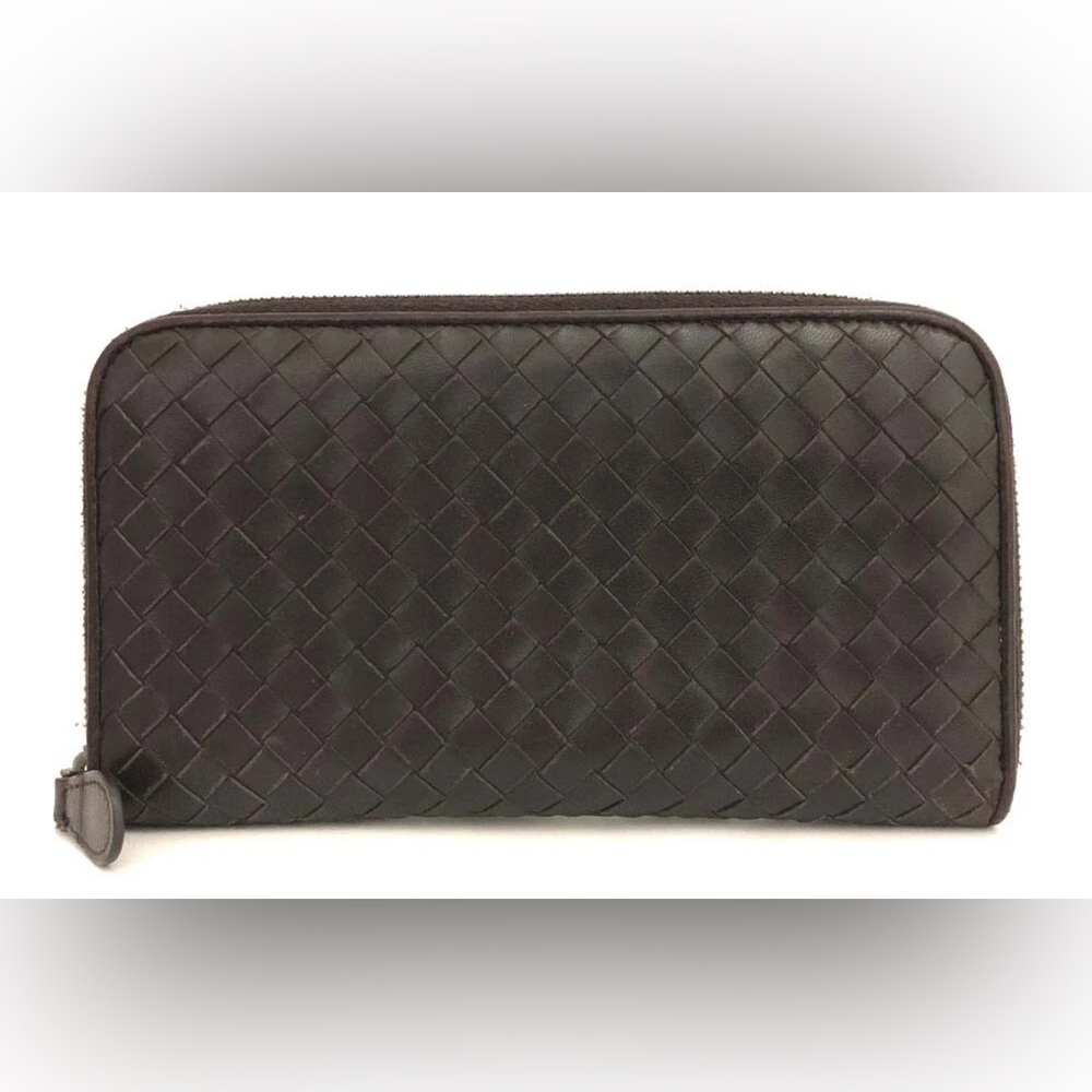 Bottega Veneta Intrecciato Lambskin Zip Around Long Wallet Brown authentic